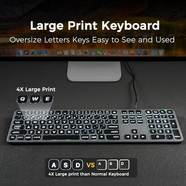 Alt view image 3 of 7 - Backlit Wired Keyboard for Mac, Large Print Keyboard with Dual Interface, Full Size Slim Thin Computer Keyboards with Numeric Keypad Compatible with Apple MacBook Air/Pro, iMac, Mac Mini/Pro