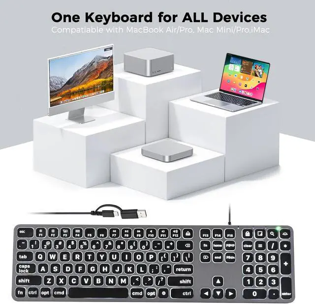 Alt view image 5 of 7 - Backlit Wired Keyboard for Mac, Large Print Keyboard with Dual Interface, Full Size Slim Thin Computer Keyboards with Numeric Keypad Compatible with Apple MacBook Air/Pro, iMac, Mac Mini/Pro