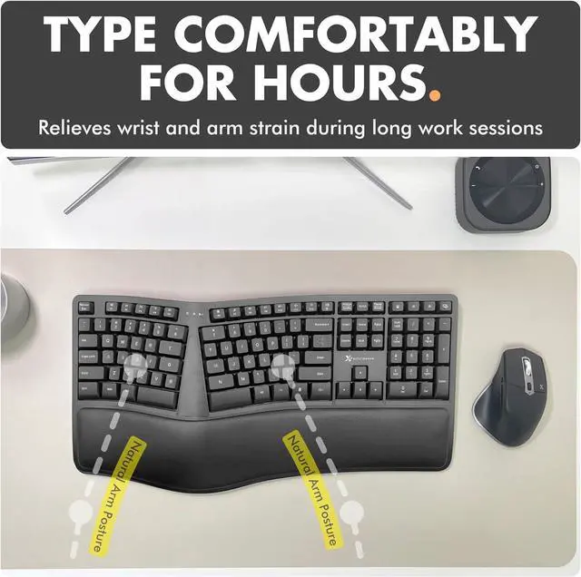 Alt view image 2 of 7 - X9 Wireless Ergonomic Keyboard - Split Keyboard with Cushioned Wrist Rest - Type Comfortably Longer - 110 Key Curved Ergo for Laptop, Desktop Computer PC, Surface, Chromebook, Notebook