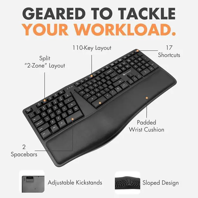 Alt view image 7 of 7 - X9 Wireless Ergonomic Keyboard - Split Keyboard with Cushioned Wrist Rest - Type Comfortably Longer - 110 Key Curved Ergo for Laptop, Desktop Computer PC, Surface, Chromebook, Notebook