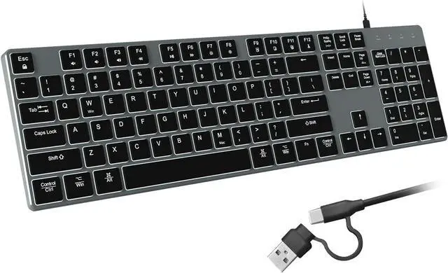 Main image of Wired Backlit Keyboard for Windows/Mac,Aluminum Slim & Quiet Full Size Keyboards Light Up with USB A/USB C Dual Interface,Compatible with iMac,MacBook,iPad,Laptop,PC-Gray Black