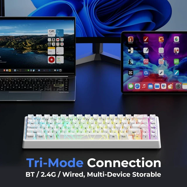 Alt view image 3 of 7 - x XVX M67 Wireless 60% Percent Keyboard, QMK/VIA Gaming Keyboard, Tri-Mode Thocky Creamy Mechanical Key Board, Hot Swappable Gasket Mount RGB IMD Tech for Win/Mac, Spider Web Theme, White