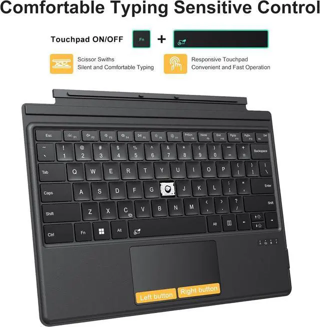 Alt view image 7 of 7 - TECURS Wireless Keyboard for Microsoft Surface Pro 7/7+/6/5/4/3 (12.3 inch), Bluetooth Connection 7-Colors Backlight Keyboard Type Cover with Touchpad, Rechargeable Ultra-Thin Design