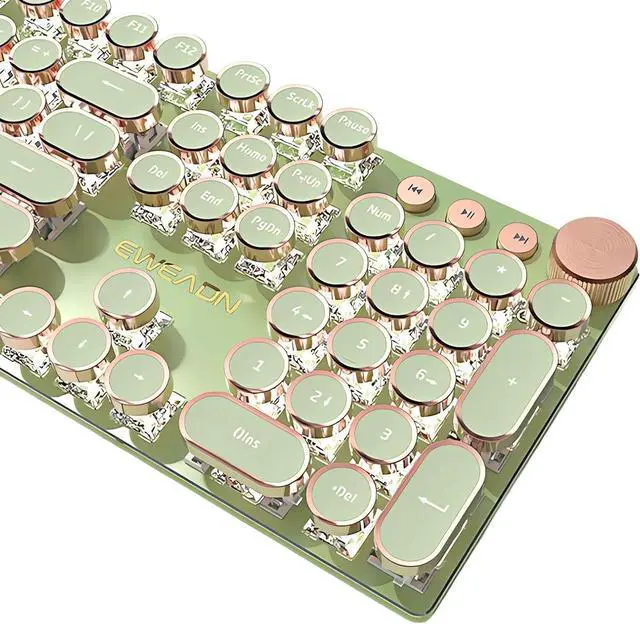 Main image of Typewriter Style Mechanical Gaming Keyboard White LED Backlit 104-Key NKRO Pink Switches Retro Round Keycaps Golden Ring Volume Knob Metal Panel Wired USB-C Detachable Cable, Matcha Green