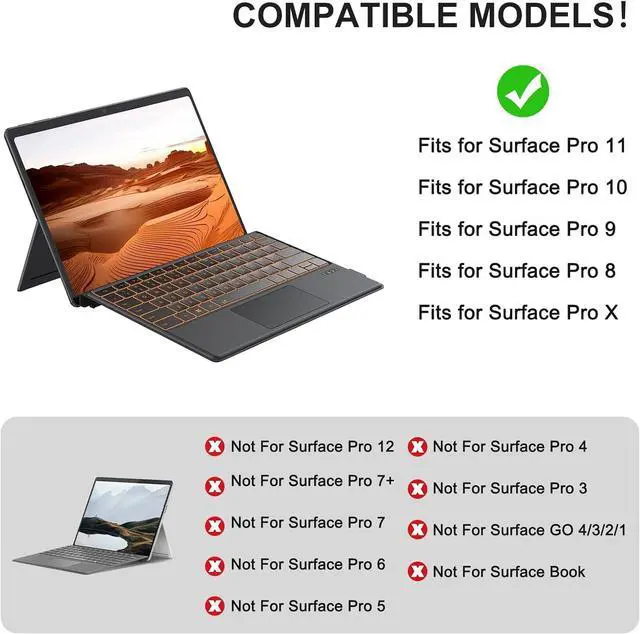 Alt view image 2 of 7 - TECURS Bluetooth Keyboard for Microsoft Surface Pro 11/10/9/8/X (13") - 7-Color Backlit Ultra-Slim Wireless Type Cover with Multi-Touch Touchpad, Pencil Slot & Type-C Charging