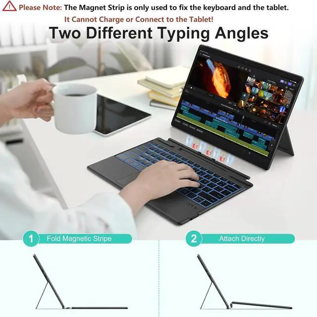 Alt view image 3 of 7 - TECURS Bluetooth Keyboard for Microsoft Surface Pro 11/10/9/8/X (13") - 7-Color Backlit Ultra-Slim Wireless Type Cover with Multi-Touch Touchpad, Pencil Slot & Type-C Charging
