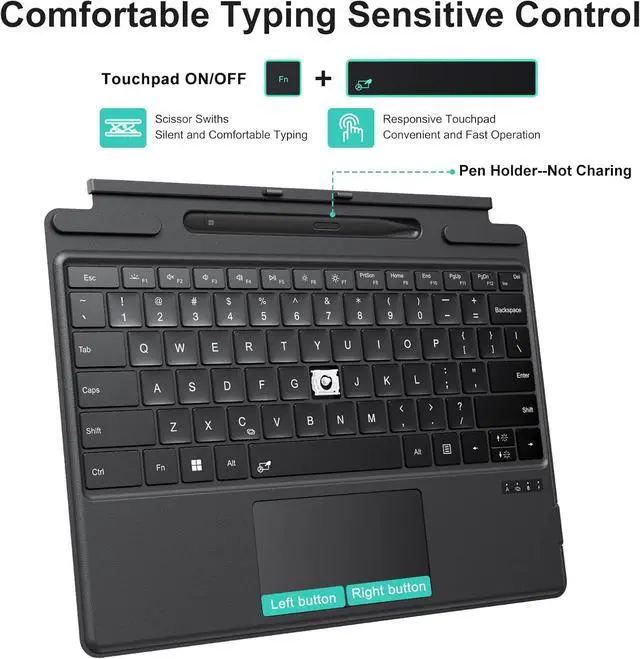 Alt view image 6 of 7 - TECURS Bluetooth Keyboard for Microsoft Surface Pro 11/10/9/8/X (13") - 7-Color Backlit Ultra-Slim Wireless Type Cover with Multi-Touch Touchpad, Pencil Slot & Type-C Charging