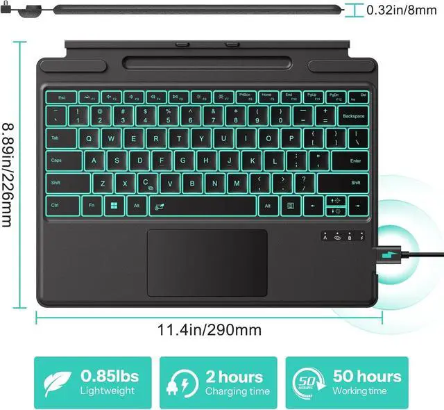 Alt view image 7 of 7 - TECURS Bluetooth Keyboard for Microsoft Surface Pro 11/10/9/8/X (13") - 7-Color Backlit Ultra-Slim Wireless Type Cover with Multi-Touch Touchpad, Pencil Slot & Type-C Charging