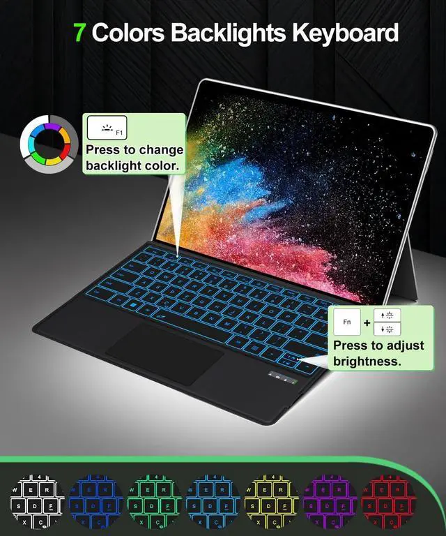 Alt view image 5 of 7 - Surface Pro Keyboard for Pro 11/10/9/8/X, Wireless Bluetooth Surface Keyboard with 12 Gesture Touchpad, 7 Colors Backlit, Smart Sleep/Wake, Rechargeable Battery