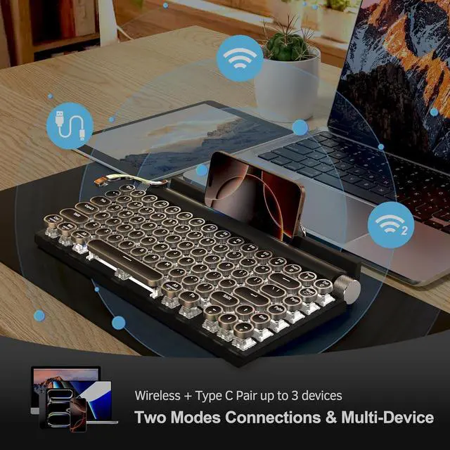 Alt view image 2 of 7 - Retro Typewriter Wireless Mechanical Gaming Keyboard, Bluetooth 5.0 Office Computer Vintage Keyboards 83-Key Blue Switches Punk Round Keycap, LED Backlight, Compatible with PC/Laptop/Pad/Phone, Black