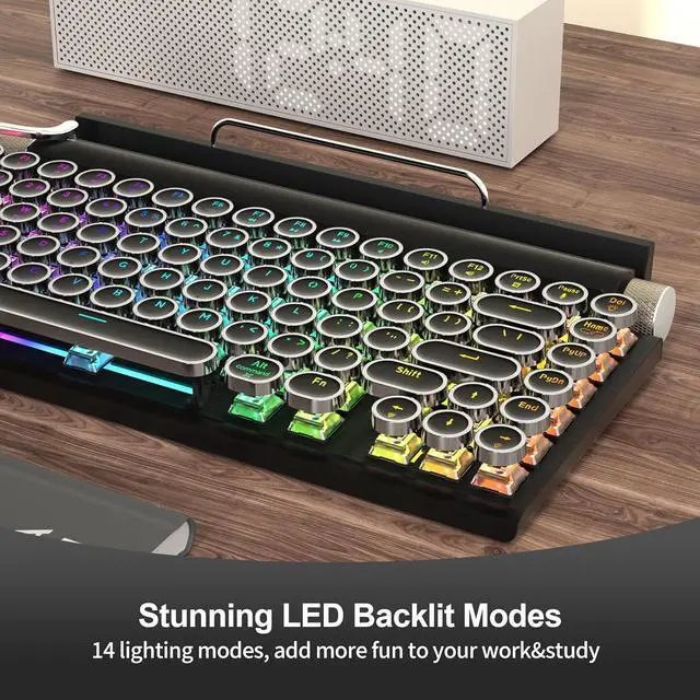 Alt view image 5 of 7 - Retro Typewriter Wireless Mechanical Gaming Keyboard, Bluetooth 5.0 Office Computer Vintage Keyboards 83-Key Blue Switches Punk Round Keycap, LED Backlight, Compatible with PC/Laptop/Pad/Phone, Black