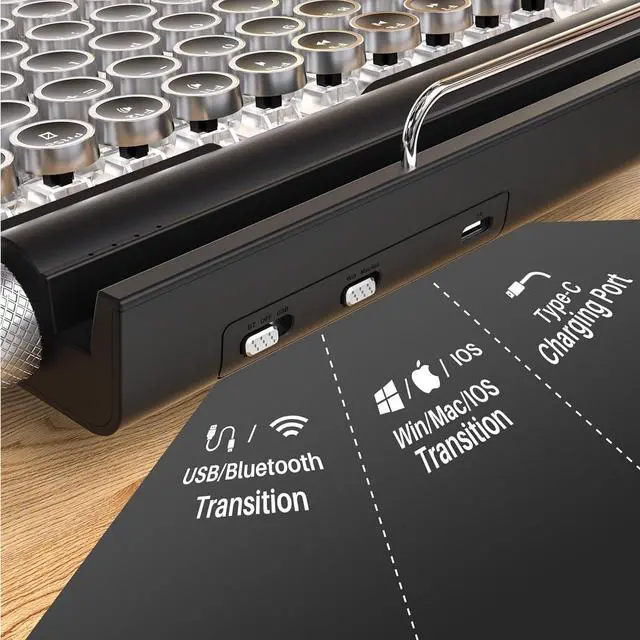 Alt view image 6 of 7 - Retro Typewriter Wireless Mechanical Gaming Keyboard, Bluetooth 5.0 Office Computer Vintage Keyboards 83-Key Blue Switches Punk Round Keycap, LED Backlight, Compatible with PC/Laptop/Pad/Phone, Black