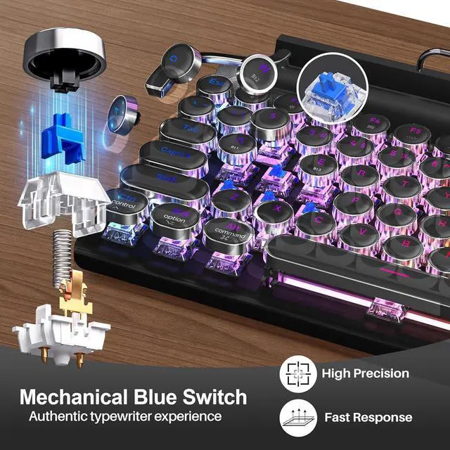 Alt view image 3 of 7 - Retro Typewriter Wireless Mechanical Gaming Keyboard, Bluetooth 5.0 Office Computer Vintage Keyboards 83-Key Blue Switches Punk Round Keycap, LED Backlight, Compatible with PC/Laptop/Pad/Phone, Black