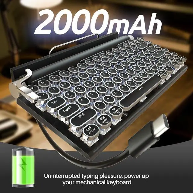 Alt view image 7 of 7 - Retro Typewriter Wireless Mechanical Gaming Keyboard, Bluetooth 5.0 Office Computer Vintage Keyboards 83-Key Blue Switches Punk Round Keycap, LED Backlight, Compatible with PC/Laptop/Pad/Phone, Black