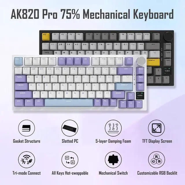 Alt view image 2 of 7 - AJAZZ AK820 Pro 75% Gasket RGB Wireless Mechanical Keyboard with TFT Screen, Volume knob, Bluetooth/2.4G/Wired 3-Modes, Compact 82 Hot-Swap Keys, Tricolor PBT Keycap, 4000 mAh (Purple&Blue 3-Modes)