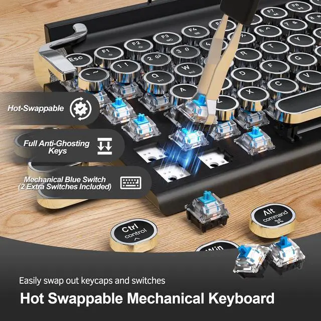 Alt view image 4 of 7 - Retro Typewriter Wireless Mechanical Gaming Keyboard, Bluetooth 5.0 Office Computer Vintage Keyboards 83-Key Blue Switches Punk Round Keycap, LED Backlight, Compatible with PC/Laptop/Pad/Phone, Black