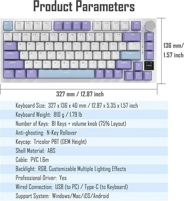 Alt view image 7 of 7 - AJAZZ AK820 Pro 75% Gasket RGB Wireless Mechanical Keyboard with TFT Screen, Volume knob, Bluetooth/2.4G/Wired 3-Modes, Compact 82 Hot-Swap Keys, Tricolor PBT Keycap, 4000 mAh (Purple&Blue 3-Modes)