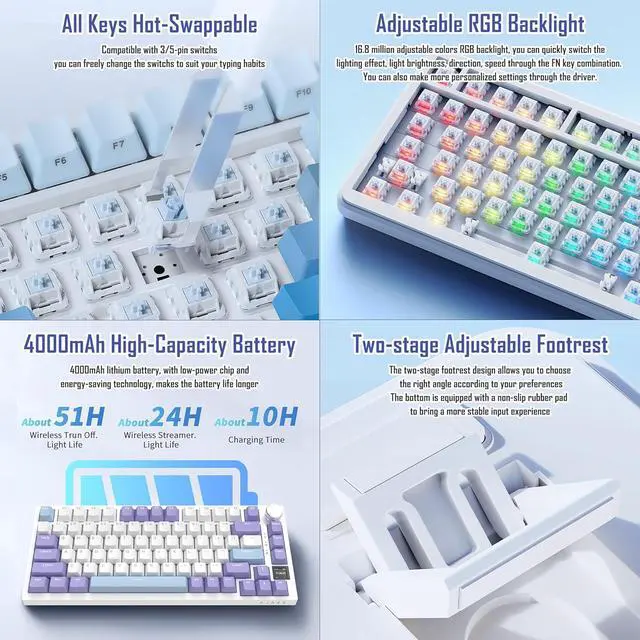 Alt view image 6 of 7 - AJAZZ AK820 Pro 75% Gasket RGB Wireless Mechanical Keyboard with TFT Screen, Volume knob, Bluetooth/2.4G/Wired 3-Modes, Compact 82 Hot-Swap Keys, Tricolor PBT Keycap, 4000 mAh (Purple&Blue 3-Modes)