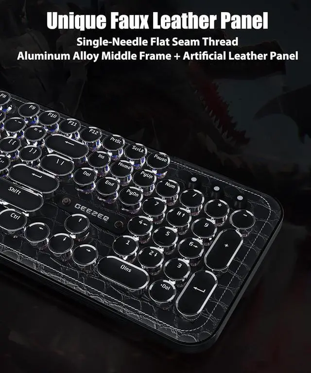 Alt view image 2 of 7 - Typewriter Keyboard with Faux Leather Panel, Wireless 2.4G/Bluetooth/Wired USB-C, Aesthetic Mechanical Gaming Keyboard 104-Key Clicky Blue Switch, Retro Round Keycap, White LED Backlit, Black