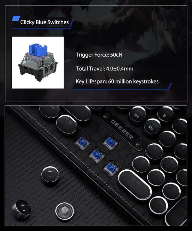 Alt view image 4 of 7 - Typewriter Keyboard with Faux Leather Panel, Wireless 2.4G/Bluetooth/Wired USB-C, Aesthetic Mechanical Gaming Keyboard 104-Key Clicky Blue Switch, Retro Round Keycap, White LED Backlit, Black