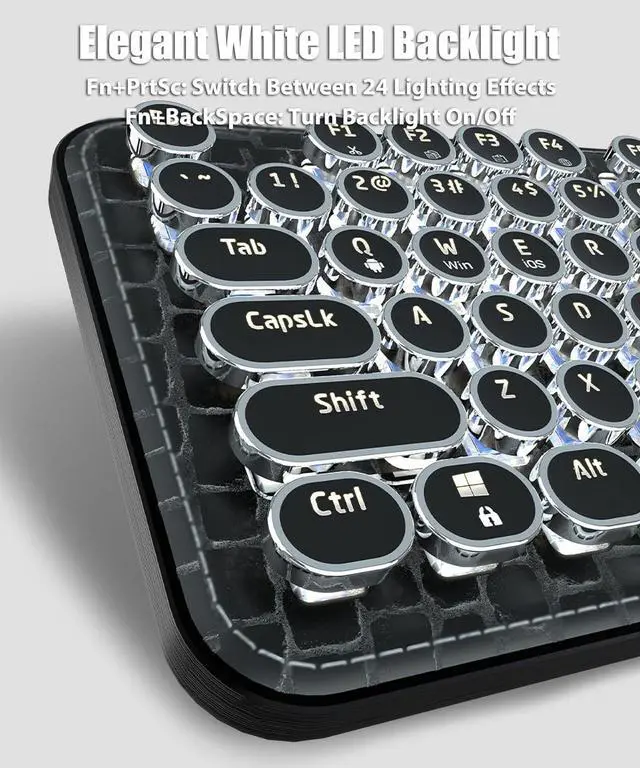 Alt view image 5 of 7 - Typewriter Keyboard with Faux Leather Panel, Wireless 2.4G/Bluetooth/Wired USB-C, Aesthetic Mechanical Gaming Keyboard 104-Key Clicky Blue Switch, Retro Round Keycap, White LED Backlit, Black