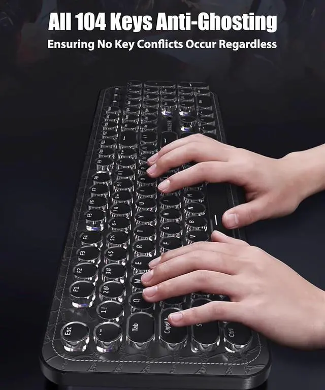 Alt view image 7 of 7 - Typewriter Keyboard with Faux Leather Panel, Wireless 2.4G/Bluetooth/Wired USB-C, Aesthetic Mechanical Gaming Keyboard 104-Key Clicky Blue Switch, Retro Round Keycap, White LED Backlit, Black
