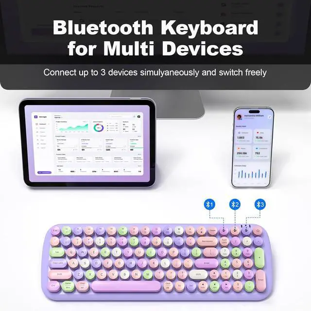Alt view image 2 of 7 - Wireless Bluetooth Keyboard, 100-Key Mini Bluetooth Typewriter Keyboards for Mac iPad iPhone PC Laptop & Android, 3 Devices Simultaneously, Colorful Retro Round Keycaps Keyboard (Purple)