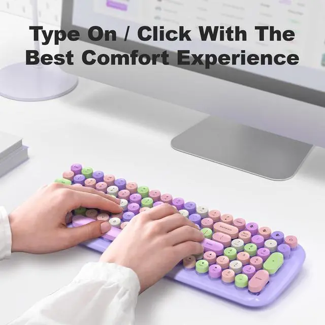 Alt view image 3 of 7 - Wireless Bluetooth Keyboard, 100-Key Mini Bluetooth Typewriter Keyboards for Mac iPad iPhone PC Laptop & Android, 3 Devices Simultaneously, Colorful Retro Round Keycaps Keyboard (Purple)