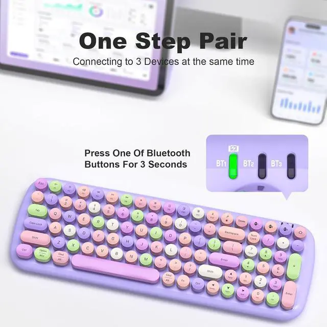 Alt view image 4 of 7 - Wireless Bluetooth Keyboard, 100-Key Mini Bluetooth Typewriter Keyboards for Mac iPad iPhone PC Laptop & Android, 3 Devices Simultaneously, Colorful Retro Round Keycaps Keyboard (Purple)