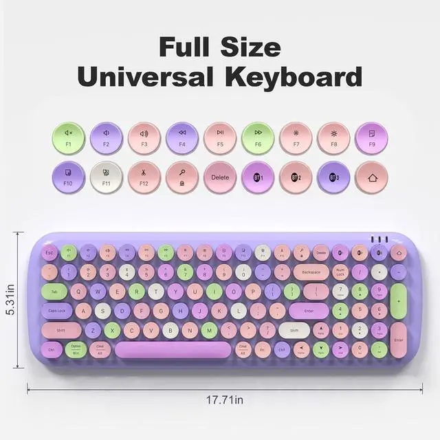 Alt view image 5 of 7 - Wireless Bluetooth Keyboard, 100-Key Mini Bluetooth Typewriter Keyboards for Mac iPad iPhone PC Laptop & Android, 3 Devices Simultaneously, Colorful Retro Round Keycaps Keyboard (Purple)