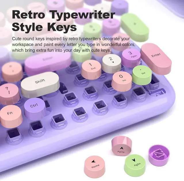 Alt view image 6 of 7 - Wireless Bluetooth Keyboard, 100-Key Mini Bluetooth Typewriter Keyboards for Mac iPad iPhone PC Laptop & Android, 3 Devices Simultaneously, Colorful Retro Round Keycaps Keyboard (Purple)