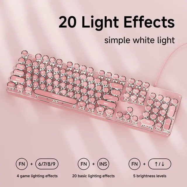 Alt view image 3 of 7 - SEUNKWANG EWEADN TK100 Typewriter Keyboard Wired Mechanical Keyboard, 104 Keys Aesthetic Typewriter Keyboards with White Backlit, Anti-Ghosting, Blue Switch Wired Cute Keyboards-Pink