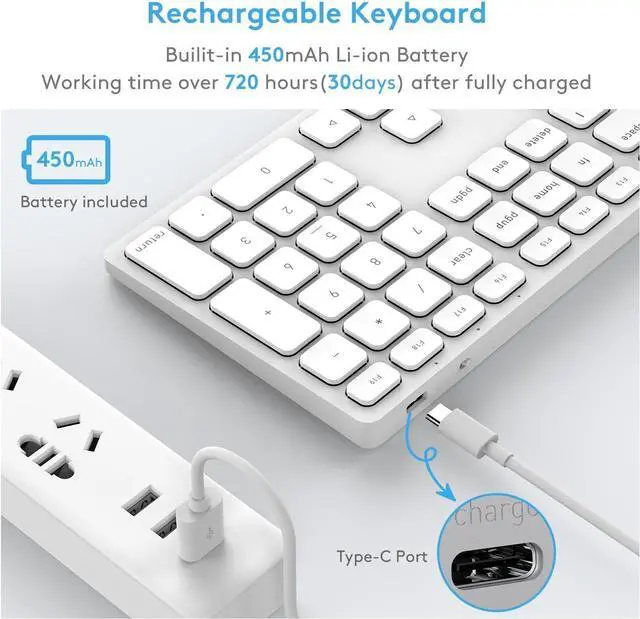 Alt view image 6 of 7 - Wireless Bluetooth Keyboard with Numeric Keypad for Apple Mac OS, Rechargeable, Works with iMac, Mac mini/Pro, MacBook Air/Pro, iPad