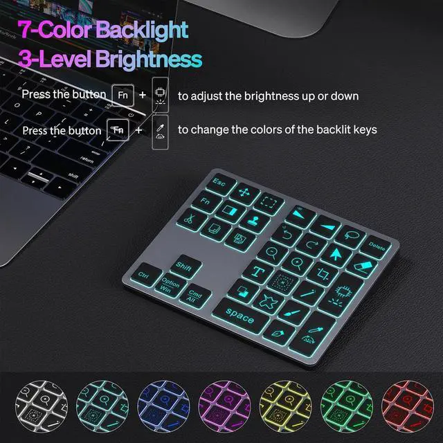 Alt view image 2 of 7 - Doohoeek Bluetooth Shortcut Keyboard for Adobe Photoshop for PC Computer, Desktop, iPad & MacBook, PS Shortcut Hotkeys Keypad Rechargeable with 7-Color Backlit Key for MacOS, iOS & Windows