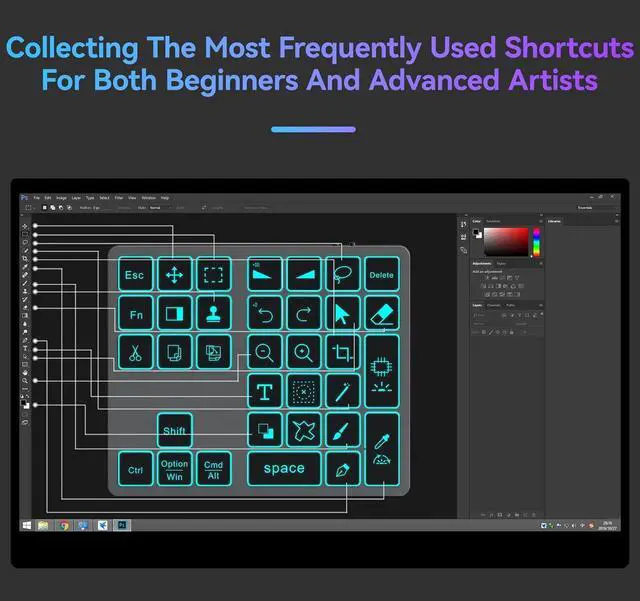 Alt view image 3 of 7 - Doohoeek Bluetooth Shortcut Keyboard for Adobe Photoshop for PC Computer, Desktop, iPad & MacBook, PS Shortcut Hotkeys Keypad Rechargeable with 7-Color Backlit Key for MacOS, iOS & Windows