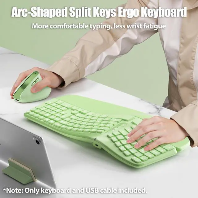 Alt view image 2 of 7 - Bow Split Ergonomic Keyboard Wireless with Cushioned Wrist & Palm Rest, Wireless 2.4G/Bluetooth/Wired USB-C, Comfortable Natural Typing, Compatible with Windows/Mac/PC/Laptop, Matcha Green