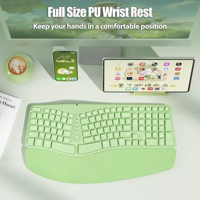 Alt view image 3 of 7 - Bow Split Ergonomic Keyboard Wireless with Cushioned Wrist & Palm Rest, Wireless 2.4G/Bluetooth/Wired USB-C, Comfortable Natural Typing, Compatible with Windows/Mac/PC/Laptop, Matcha Green