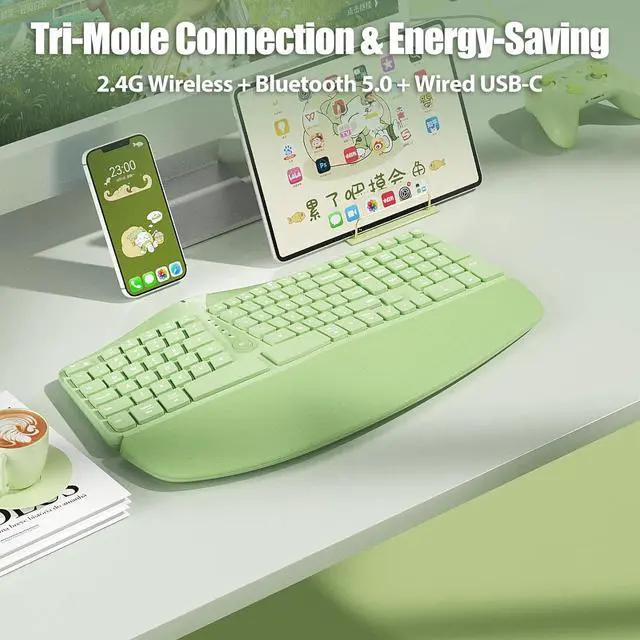 Alt view image 4 of 7 - Bow Split Ergonomic Keyboard Wireless with Cushioned Wrist & Palm Rest, Wireless 2.4G/Bluetooth/Wired USB-C, Comfortable Natural Typing, Compatible with Windows/Mac/PC/Laptop, Matcha Green