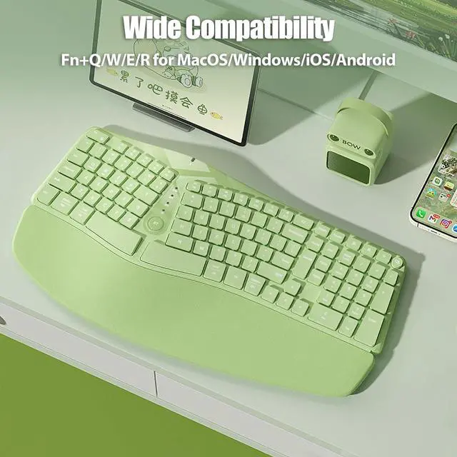Alt view image 7 of 7 - Bow Split Ergonomic Keyboard Wireless with Cushioned Wrist & Palm Rest, Wireless 2.4G/Bluetooth/Wired USB-C, Comfortable Natural Typing, Compatible with Windows/Mac/PC/Laptop, Matcha Green