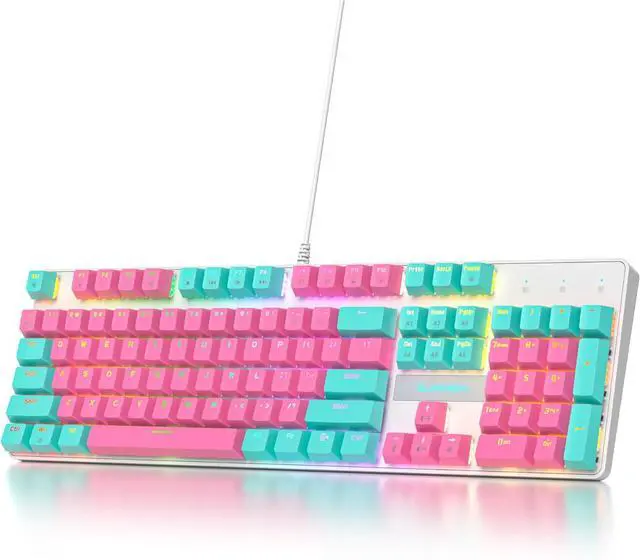 Main image of surmen Full Size Creamy Keyboard with Number Pad, 104 Keys RGB Wired Pink Mechanical Gaming Keyboard Backlit with PBT Keycaps Linear Red Switch for Laptop Desktop PC Gamers104 Miami