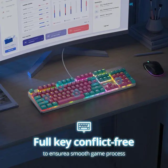 Alt view image 6 of 6 - surmen Full Size Creamy Keyboard with Number Pad, 104 Keys RGB Wired Pink Mechanical Gaming Keyboard Backlit with PBT Keycaps Linear Red Switch for Laptop Desktop PC Gamers104 Miami