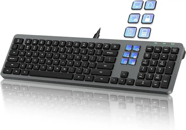 Main image of Wired Keyboard with 60 Programmable Keys for Windows, Customizable LCD Shortcuts, Silent Typing, USB-A, Number Pad, Minimalist Backlighting, Magnetic Stand, for Graphic Design, Adobe, MS Office-Grey