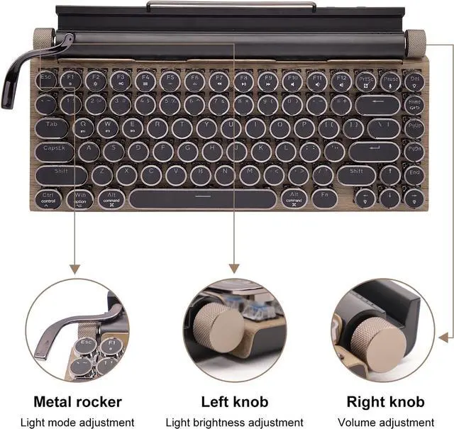 Alt view image 3 of 7 - Retro Mechanical Keyboard, Punk Bluetooth Wireless & Wired, 75% Layout, LED Backlit, Round Keycaps, 83 Keys, for iOS/Android/Windows/Mac/iPad, Wood Color