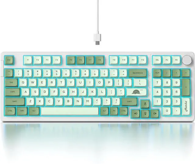 Main image of Fogruaden Wired Creamy Mechanical Keyboard with Number Pad, Hot Swappable RGB Green Matcha Gaming Keyboard with Knob, 98 Key Full Layout, Custom Gasket Mount, Red Switch, NKRO 96% Keyboard for Win/Mac