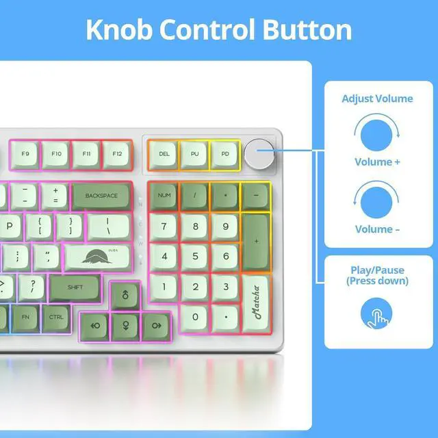 Alt view image 6 of 7 - Fogruaden Wired Creamy Mechanical Keyboard with Number Pad, Hot Swappable RGB Green Matcha Gaming Keyboard with Knob, 98 Key Full Layout, Custom Gasket Mount, Red Switch, NKRO 96% Keyboard for Win/Mac