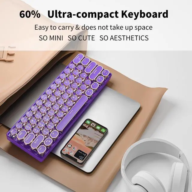 Alt view image 6 of 6 - EWEADN G61 Typewriter Keyboard Wireless Mechanical Keyboards, 60% Mini Typewriter Keyboards with White Backlit, Anti-Ghosting, Red Switch Bluetooth/2.4GHz/USB-C Cute Aesthetic Keyboard-Purple
