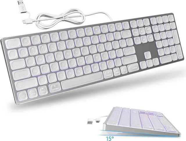 Main image of White Aluminum Backlit Keyboard for Apple Mac OS,Plug-N-Play, USB-A/USB-C Wired Keyboard with Numeric Keypad for iMac/Mac mini or MacBook Laptop