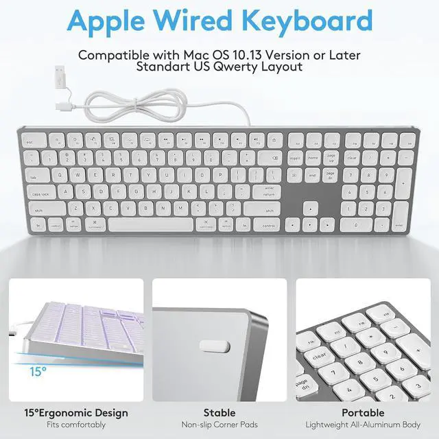 Alt view image 4 of 7 - White Aluminum Backlit Keyboard for Apple Mac OS,Plug-N-Play, USB-A/USB-C Wired Keyboard with Numeric Keypad for iMac/Mac mini or MacBook Laptop