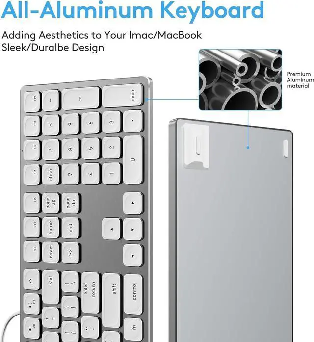 Alt view image 7 of 7 - White Aluminum Backlit Keyboard for Apple Mac OS,Plug-N-Play, USB-A/USB-C Wired Keyboard with Numeric Keypad for iMac/Mac mini or MacBook Laptop
