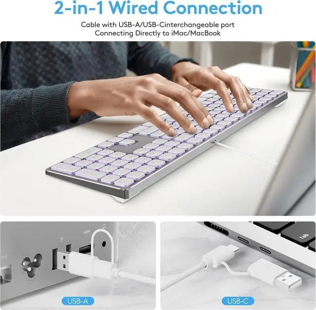 Alt view image 6 of 7 - White Aluminum Backlit Keyboard for Apple Mac OS,Plug-N-Play, USB-A/USB-C Wired Keyboard with Numeric Keypad for iMac/Mac mini or MacBook Laptop
